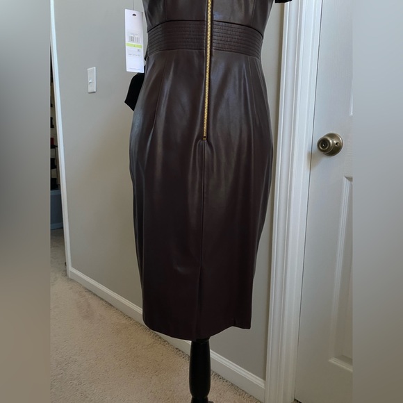 NWT Calvin Klein Belted Faux Leather Sheath Dress - Espresso Brown - Picture 9 of 16